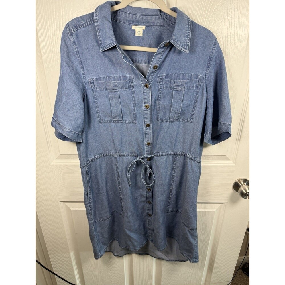 Sundance Women's Denim Button Front Short Sleeve Dress Size Petite Medium Boho